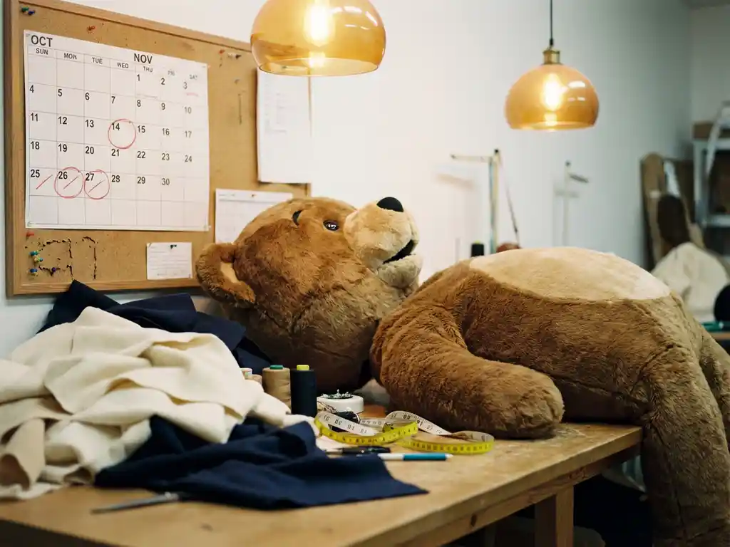 Half-finished plush bear mascot costume on a workshop table with fabric swatches, measuring tape, and deadline-marked wall calendar in warm amber lighting.