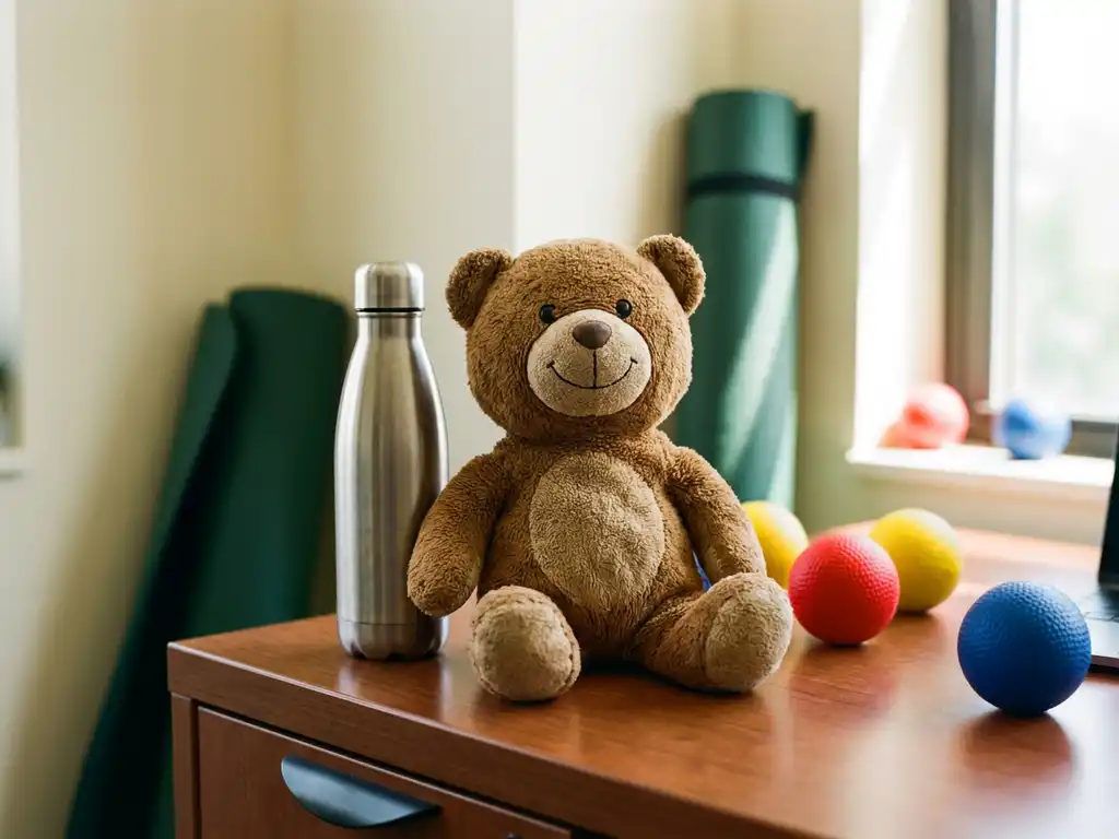 Cheerful plush bear mascot on an office desk beside a stainless steel water bottle, with colorful stress balls and a yoga mat in soft natural light.