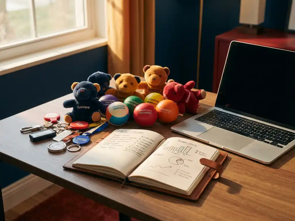 Marketing manager's desk with custom plush toys, stress balls, and keychains surrounding an open budget notebook and laptop in warm natural light.