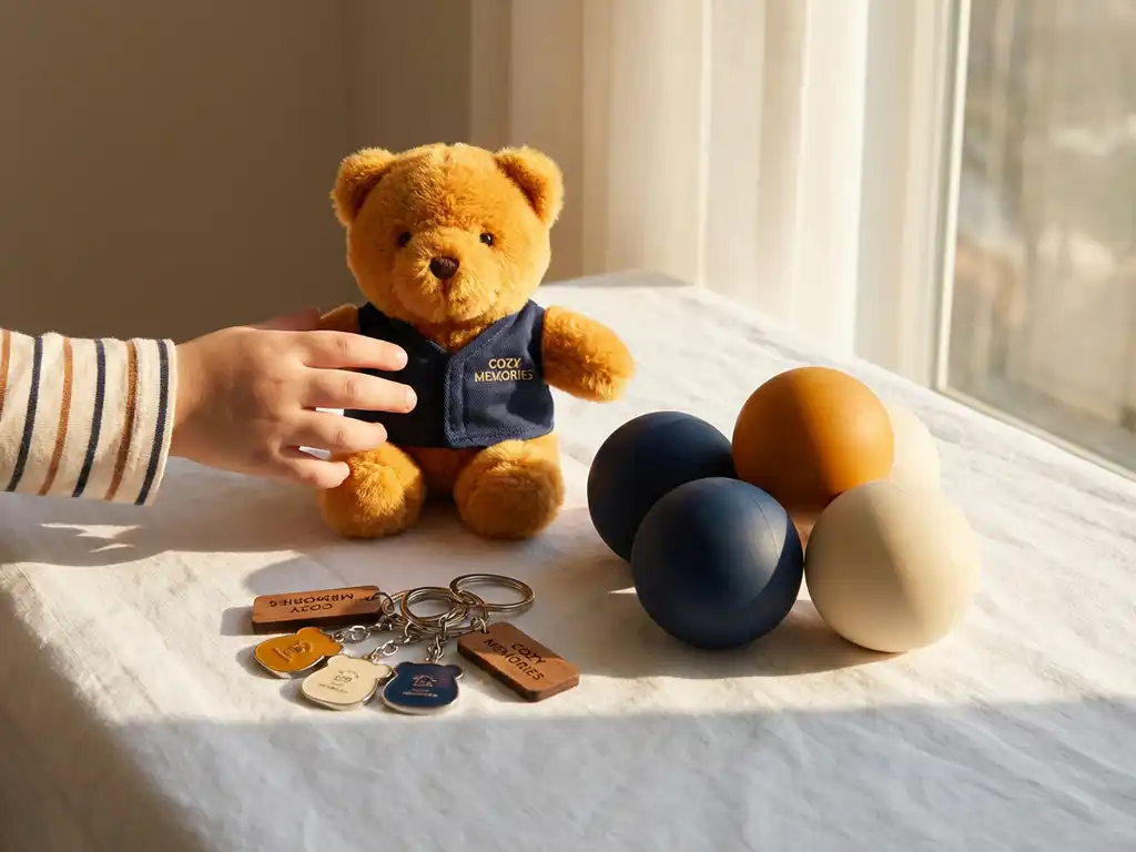 Custom promotional merchandise including a plush bear mascot, colorful stress balls, and branded keychains arranged on a white surface, with a child's hand reaching toward the toy.