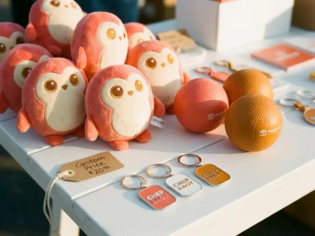 Branded promotional merchandise including stress balls, plush mascot toys, and keychains arranged on a white surface with a price tag in warm golden light.