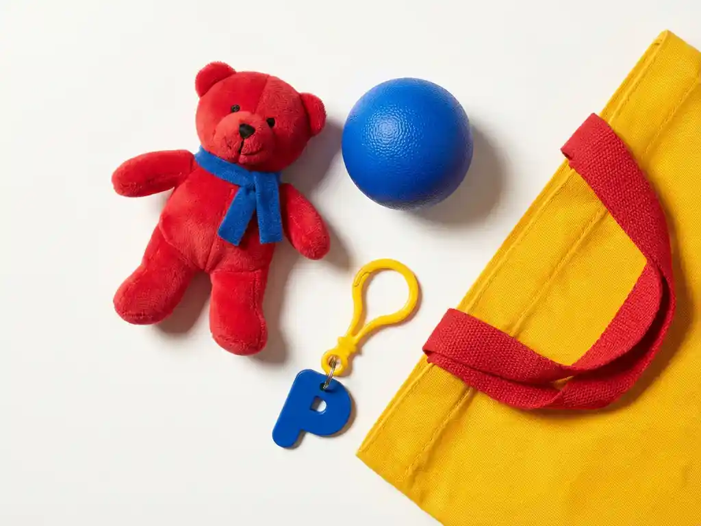 Flat-lay of promotional products including a plush bear mascot, custom stress ball, bright keychain, and branded tote bag on white surface.