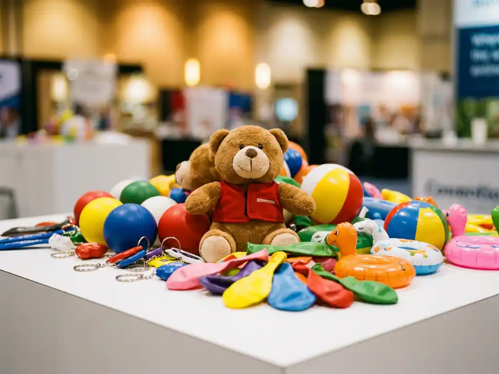 Colorful premium promotional products including a plush bear mascot, stress balls, keychains, and custom inflatables on a trade show table.