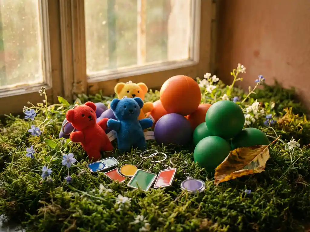 Colorful promotional products including plush toys, stress balls, and keychains arranged on green moss and wildflowers in warm natural light.