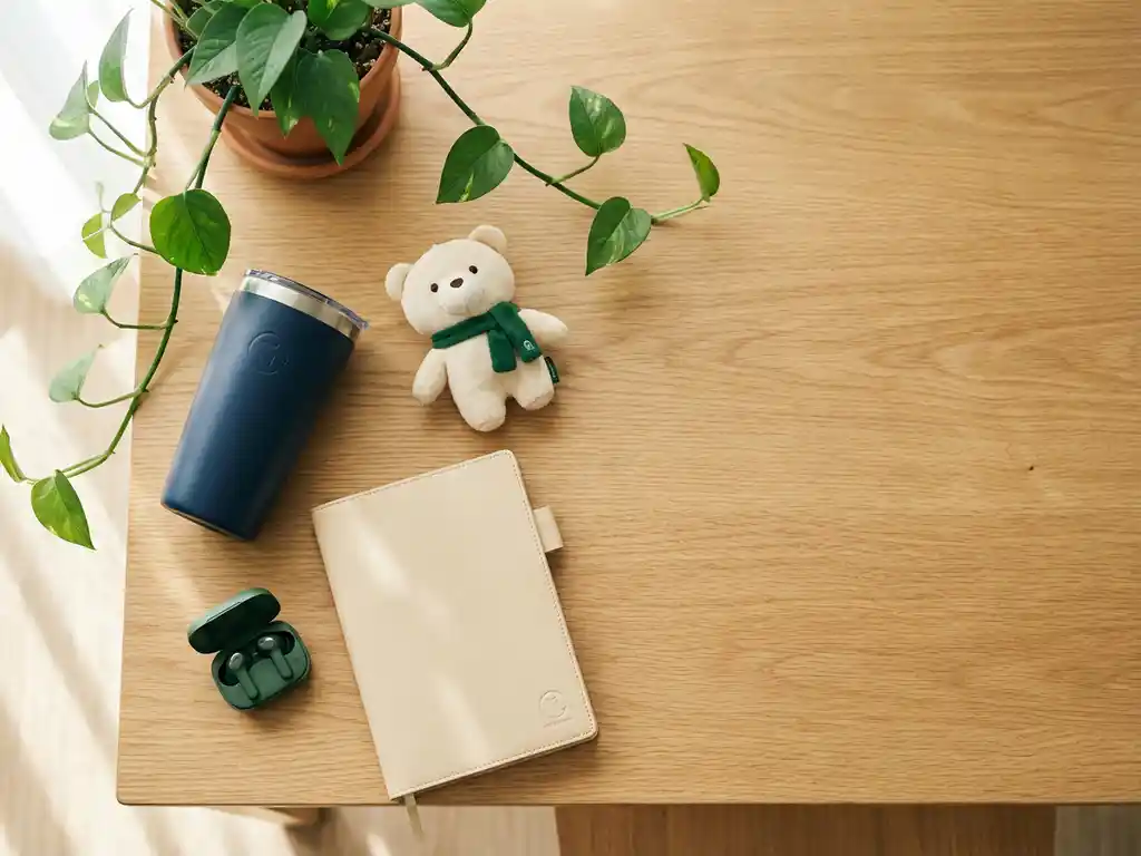 Custom branded remote work promotional products including insulated tumbler, plush bear, notebook, and wireless earbuds on a light oak desk with houseplant.