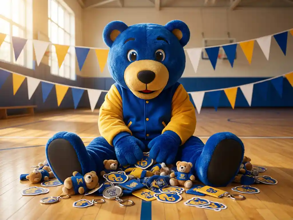 School bear mascot costume surrounded by custom plush toys, keychains, and stickers on a gymnasium floor with blue and gold pennants.