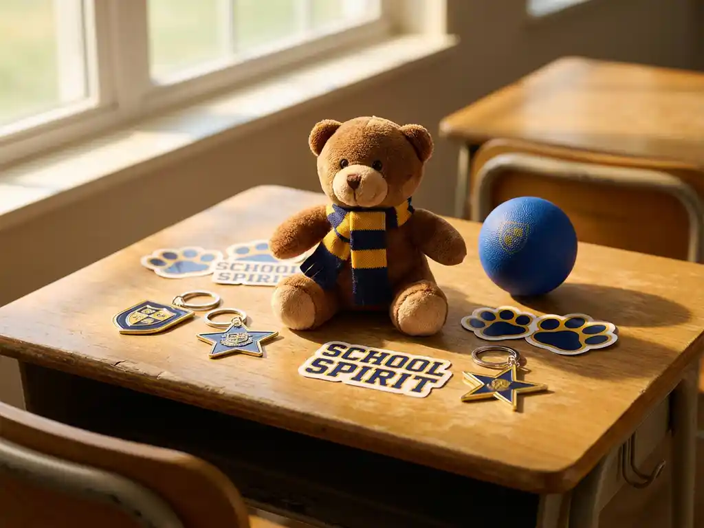 Plush bear mascot surrounded by custom keychains, stickers, and stress ball on oak classroom desk in navy and gold school colors.