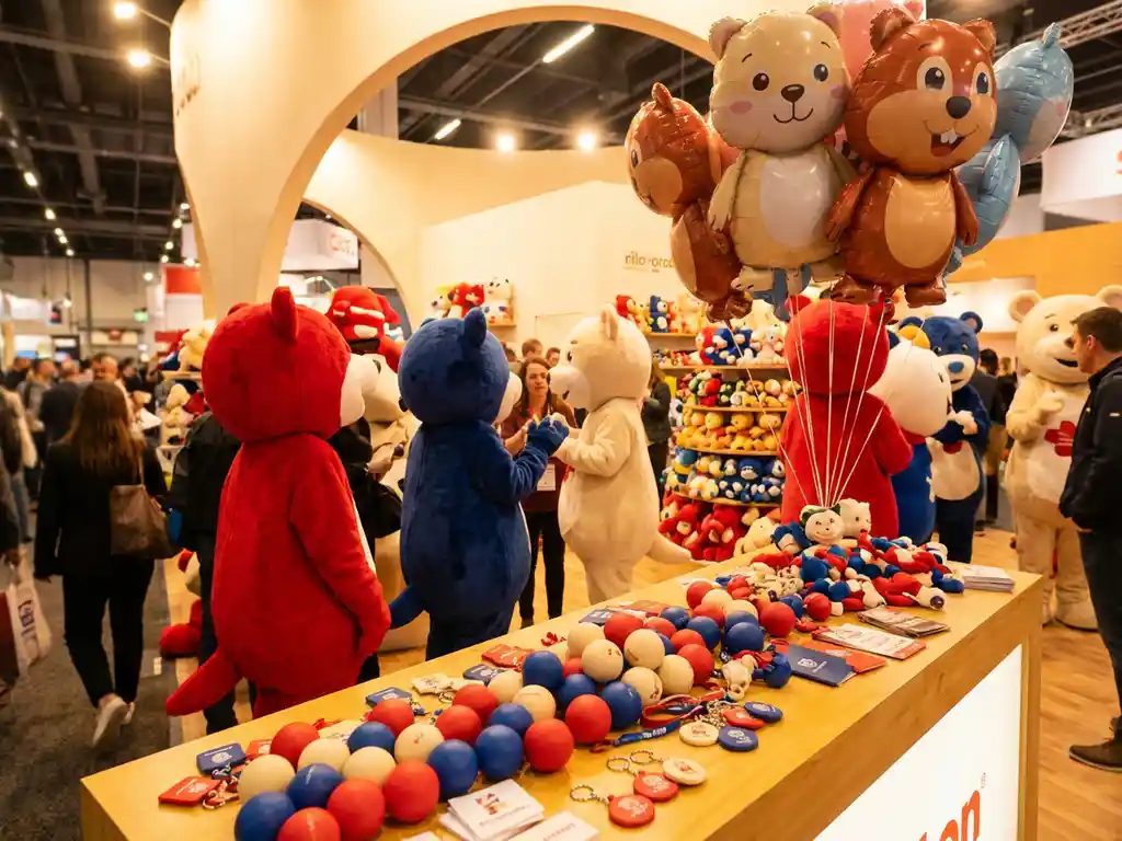 Trade show booth displaying custom mascot costumes, plush toys, giant inflatable characters, and branded stress balls under warm golden lighting.