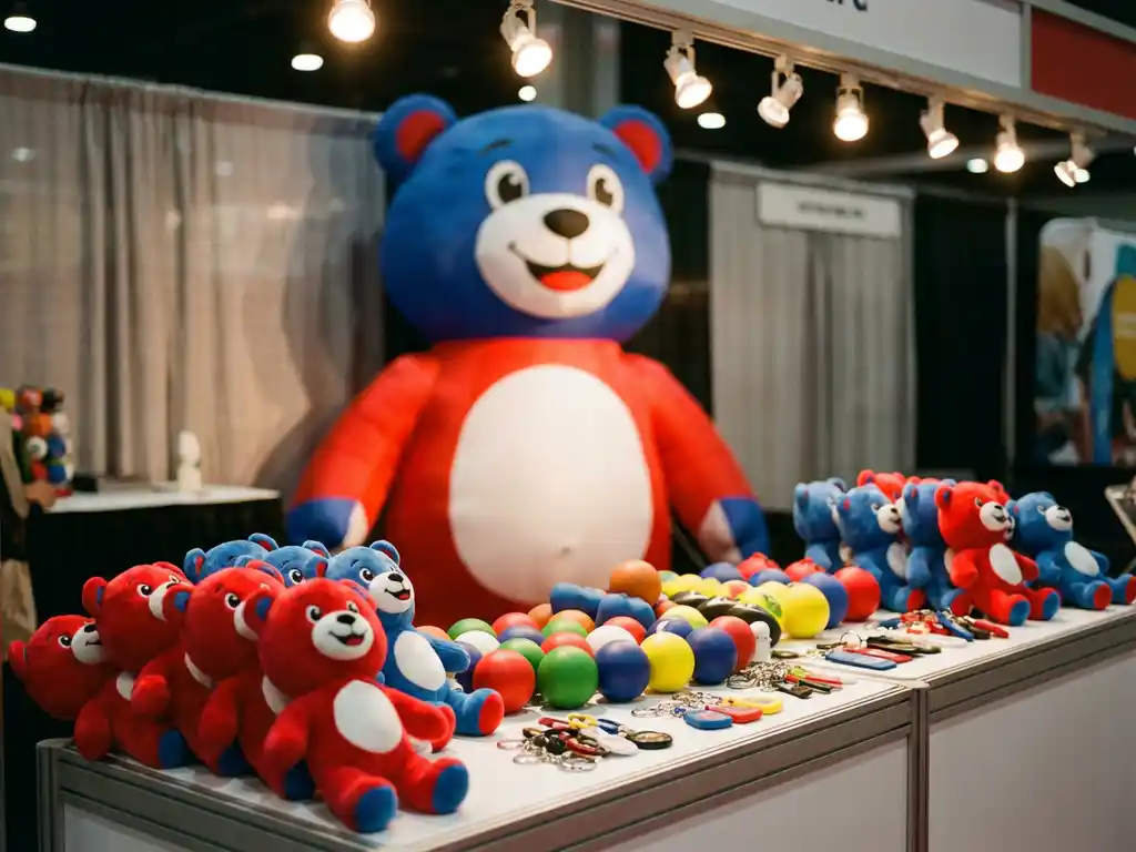 Trade show booth display with custom plush mascots, stress balls, and keychains on a white table, giant inflatable character in background.