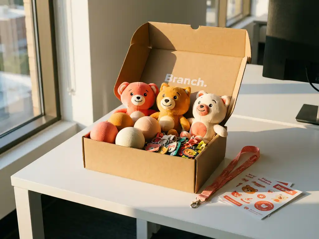 Branded welcome kit box filled with plush mascot toys, stress balls, and keychains beside a lanyard and sticker sheet on a white desk.