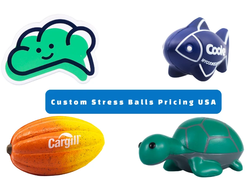 Promotional collage of four stress balls (green cloud, blue fish, orange oblong with 'Cargill', green turtle) surrounding a blue banner that reads 'Custom Stress Balls Pricing USA'.