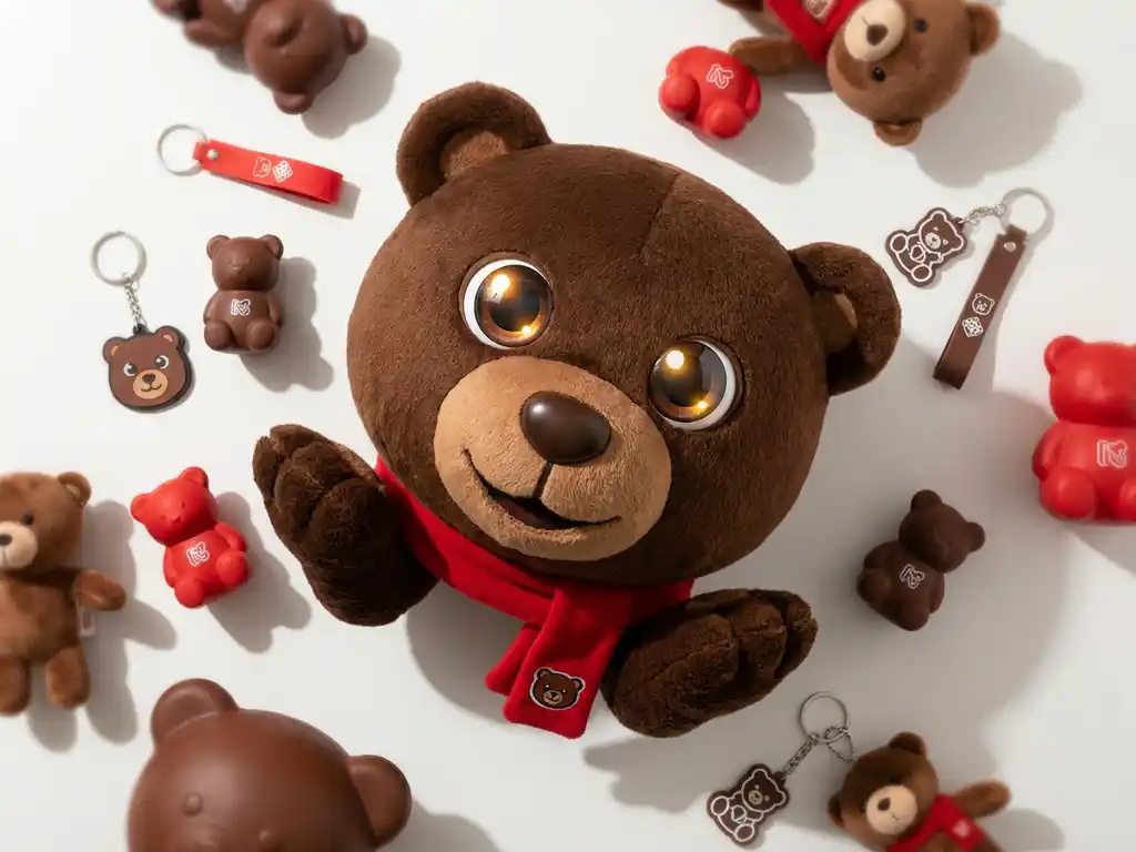 Custom brown and red bear mascot costume surrounded by branded keychains, stress balls, and plush toys on a white surface.