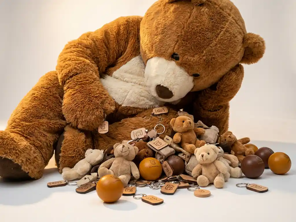 Fluffy brown bear mascot costume surrounded by custom keychains, plush toys, and stress balls on a white studio surface.