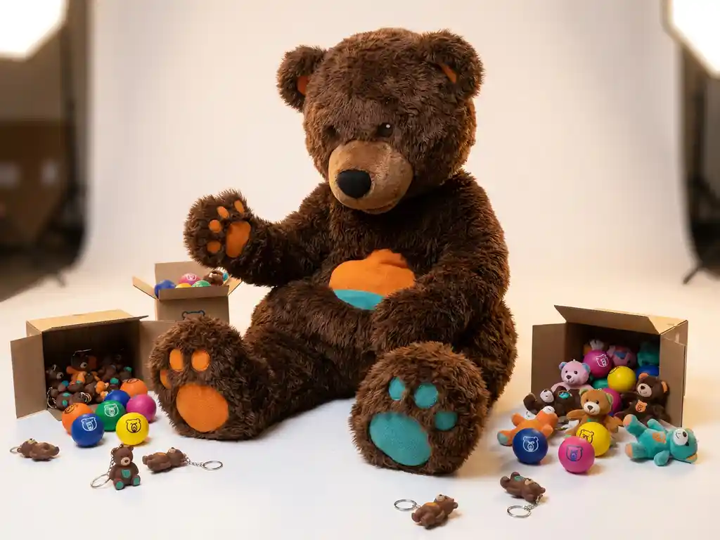 Chocolate brown bear mascot costume surrounded by branded keychains, stress balls, and plush toys on a white surface.