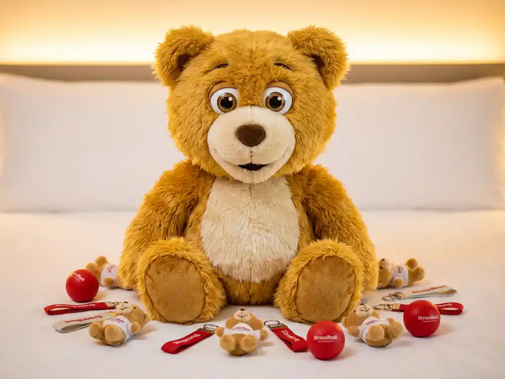 Custom bear mascot costume with 3D expressive eyes surrounded by branded plush toys, keychains, and stress balls on a white surface.