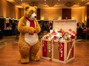 Fluffy brown bear mascot costume standing beside a festive prize box overflowing with colorful ribbons and wrapped gifts at an event booth.