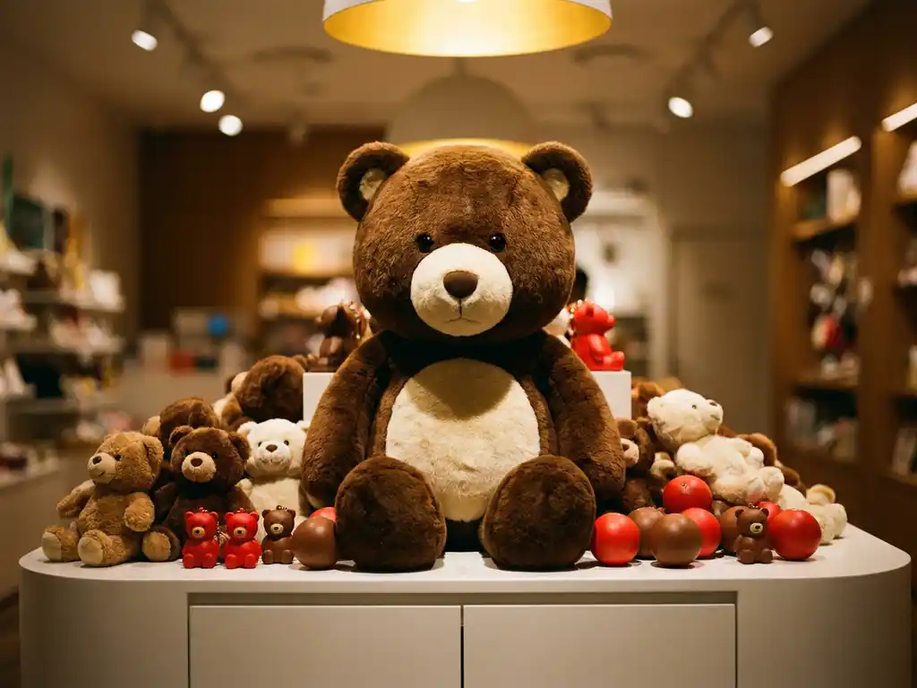 Fluffy brown bear mascot costume surrounded by plush toys, keychains, and stress balls on a white retail surface under warm golden spotlight.