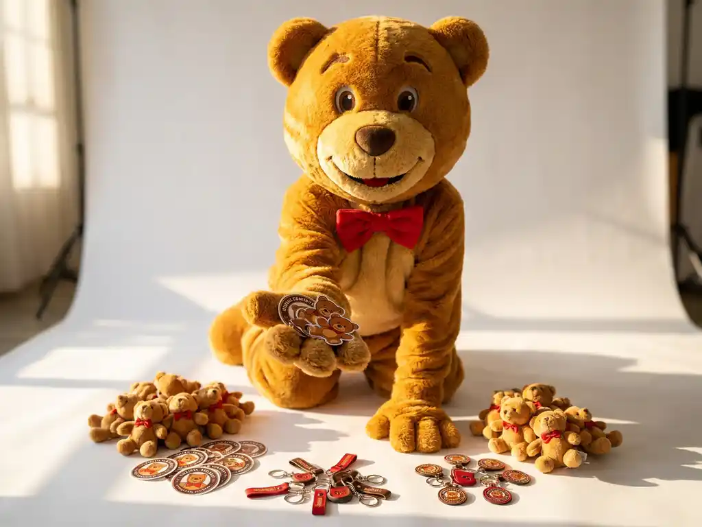Custom bear mascot costume extending a paw toward scattered promotional merchandise including keychains, stickers, and mini plush bears on a white surface.