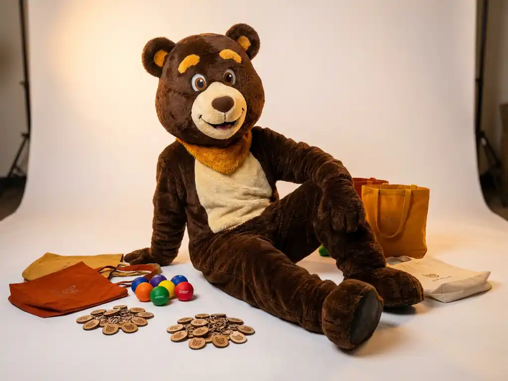 Bear mascot costume surrounded by branded promotional merchandise including custom keychains, stress balls, and tote bags on a white surface.
