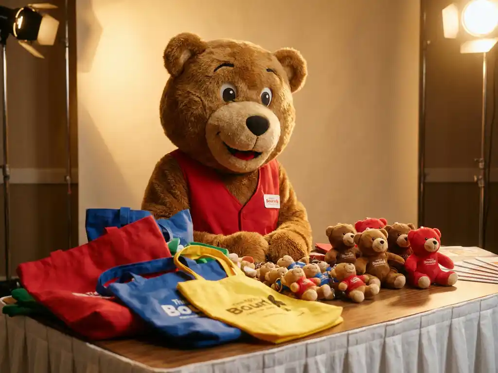 Custom bear mascot costume displayed with branded tote bags, keychains, and plush toys on a white trade show table under warm golden lighting.