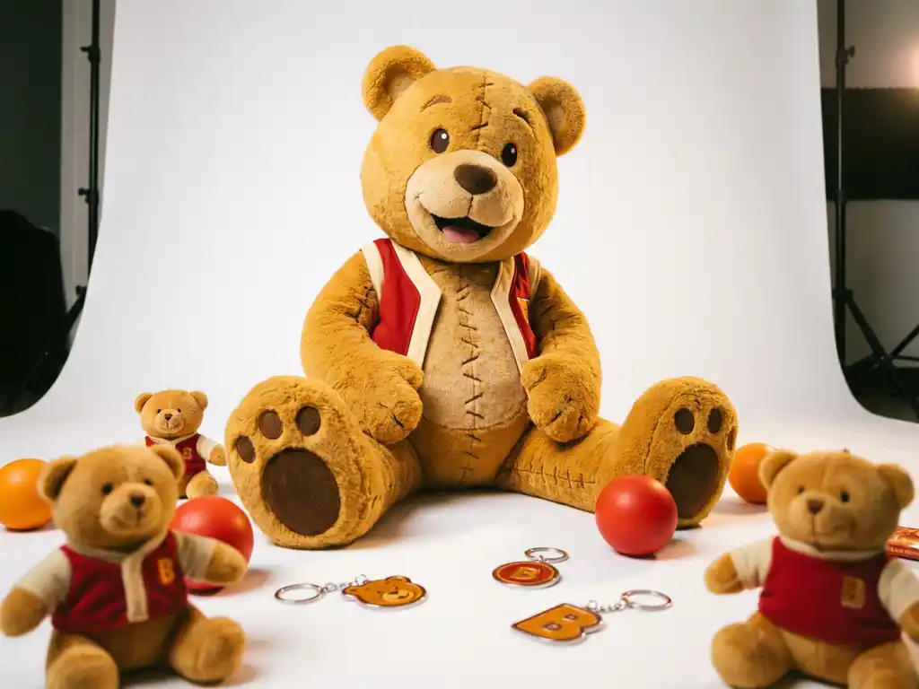 Custom bear mascot costume with golden-brown fur surrounded by branded plush toys, stress balls, and keychains on a white surface.