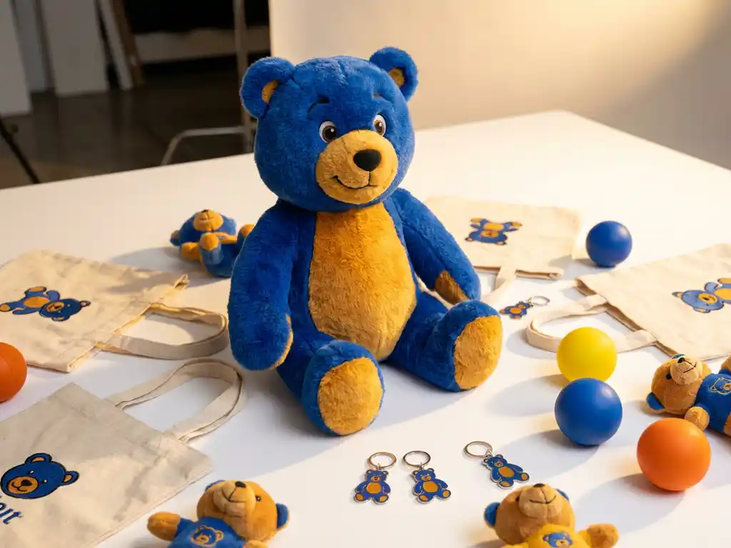 Bear mascot costume surrounded by branded promotional items including tote bags, keychains, plush toys, and stress balls on a white surface.