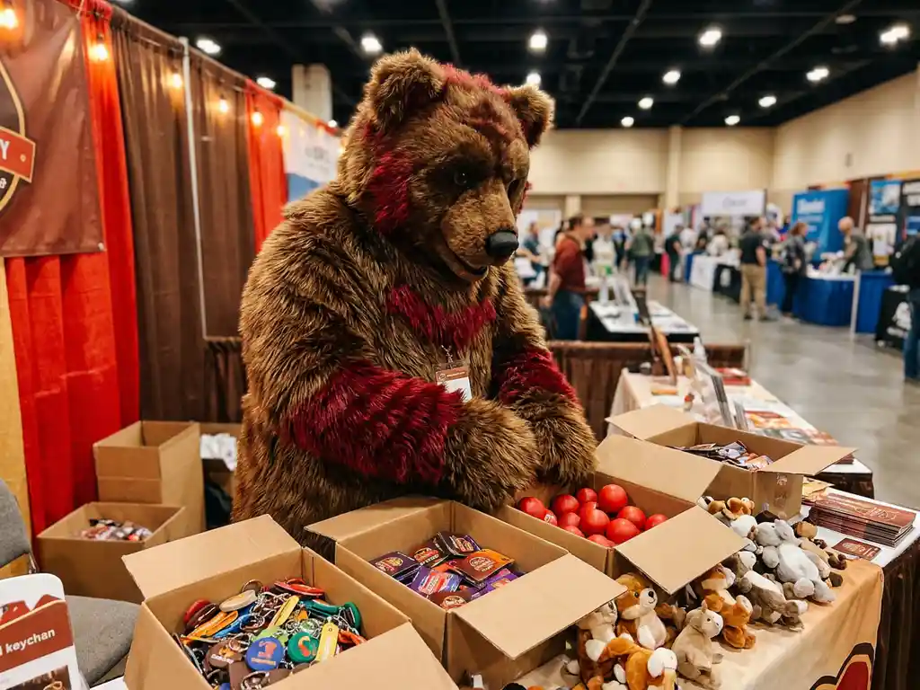 Fluffy brown bear mascot costume at a trade show booth with branded keychains, stress balls, and plush toy giveaways on display table.