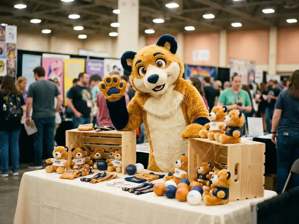 Custom bear mascot costume at a trade show booth with plush toys, keychains, and stress balls on a branded display table.