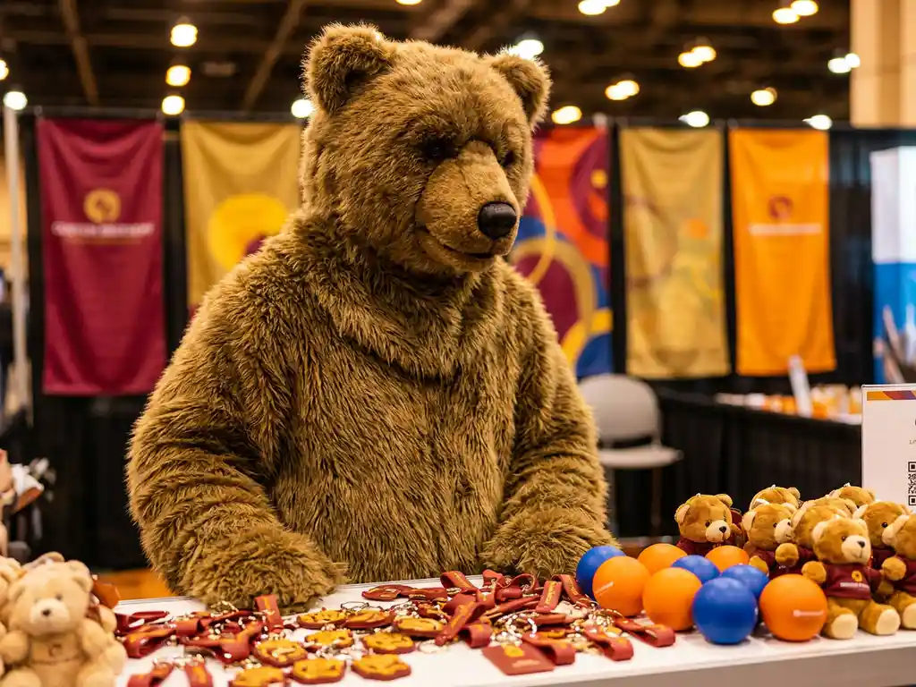 Fluffy brown bear mascot costume at a trade show booth with keychains, stress balls, and plush toy giveaways on a branded display table.