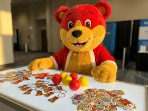 Plush bear mascot costume at a trade show table surrounded by promotional keychains, stress balls, and colorful stickers under warm golden lighting.