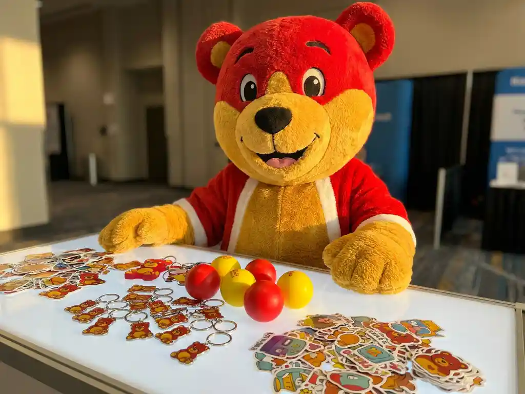 Plush bear mascot costume at a trade show table surrounded by promotional keychains, stress balls, and colorful stickers under warm golden lighting.