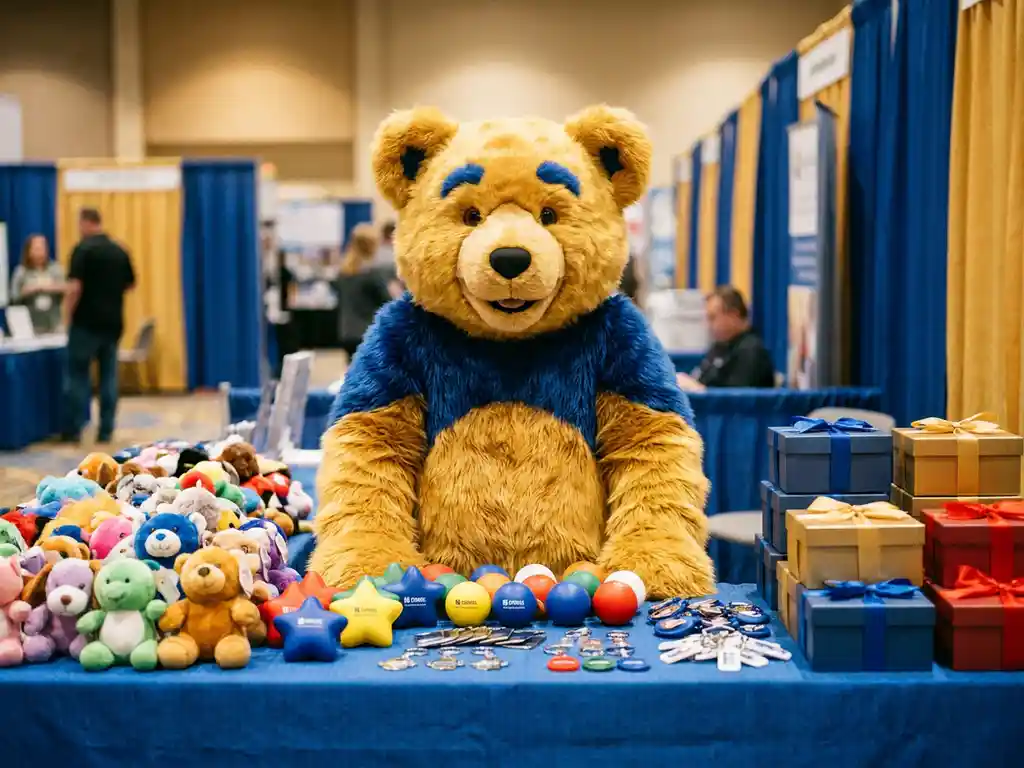 Custom bear mascot costume at a trade show table surrounded by plush toys, branded stress balls, keychains, and ribbon-tied gift boxes.