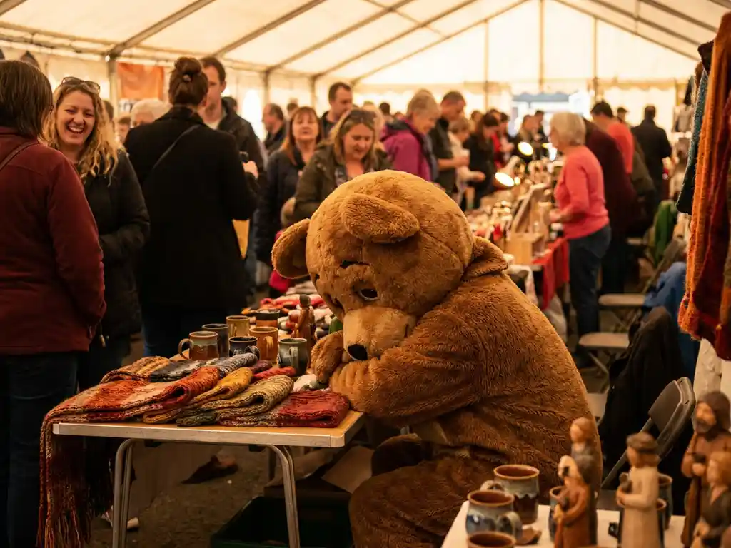 Dejected bear mascot slumped at an empty craft fair booth surrounded by unsold knitted scarves, ceramic mugs, and wooden trinkets in warm amber light.