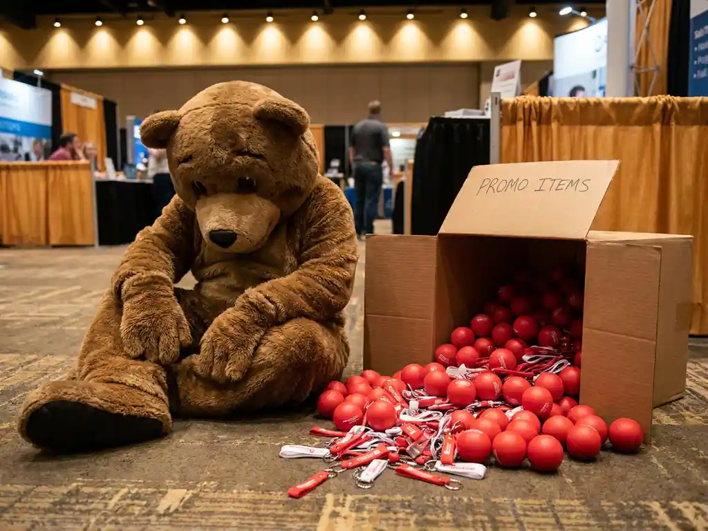 Bear mascot costume slumped beside an overflowing box of trade show promotional giveaways, with stress balls and keychains scattered across the floor.