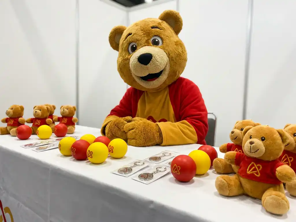 Custom bear mascot costume displayed with branded trade show giveaways including plush toys, stress balls, and keychains on a white table.