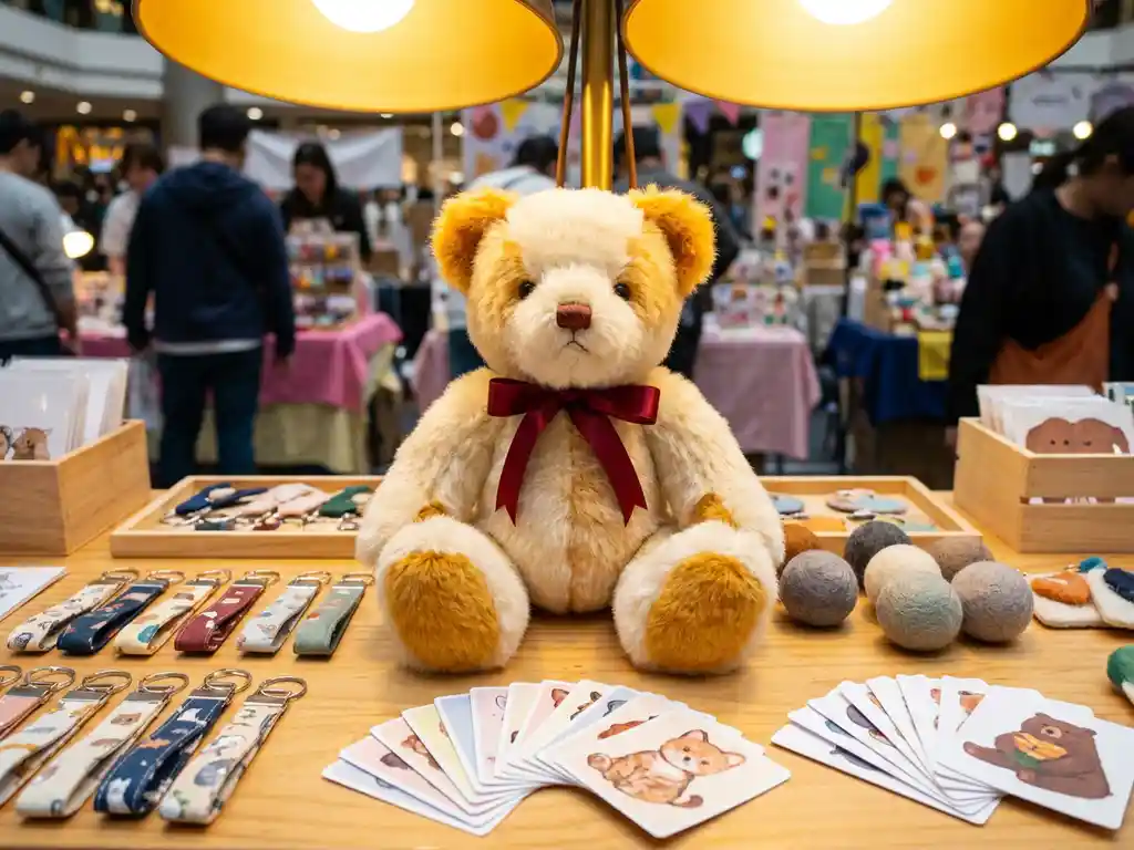 Fluffy custom bear plush toy centered on a craft show table with handmade keychains, stress balls, and colorful stickers in warm amber lighting.