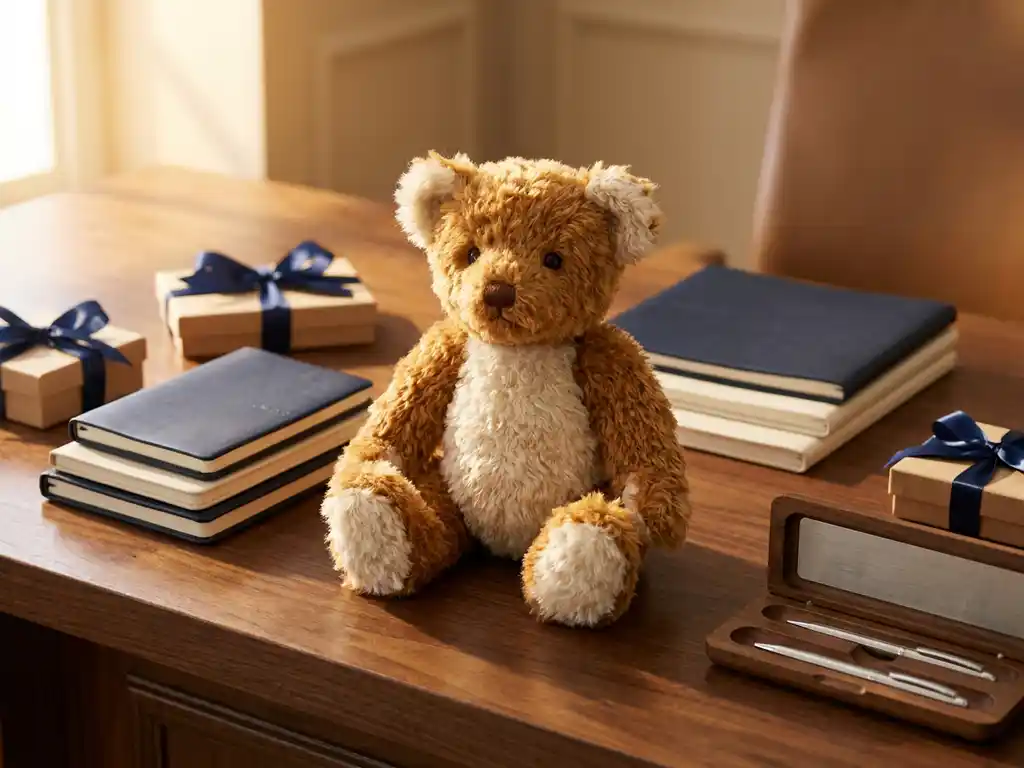 Custom plush bear toy on a wooden desk surrounded by branded notebooks, ribbon-tied boxes, and a pen set as corporate gifts.