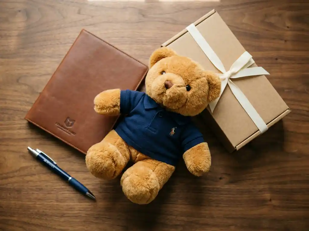 Custom plush bear in branded polo shirt beside leather notebook, pen, and ribbon-tied kraft box on walnut desk.