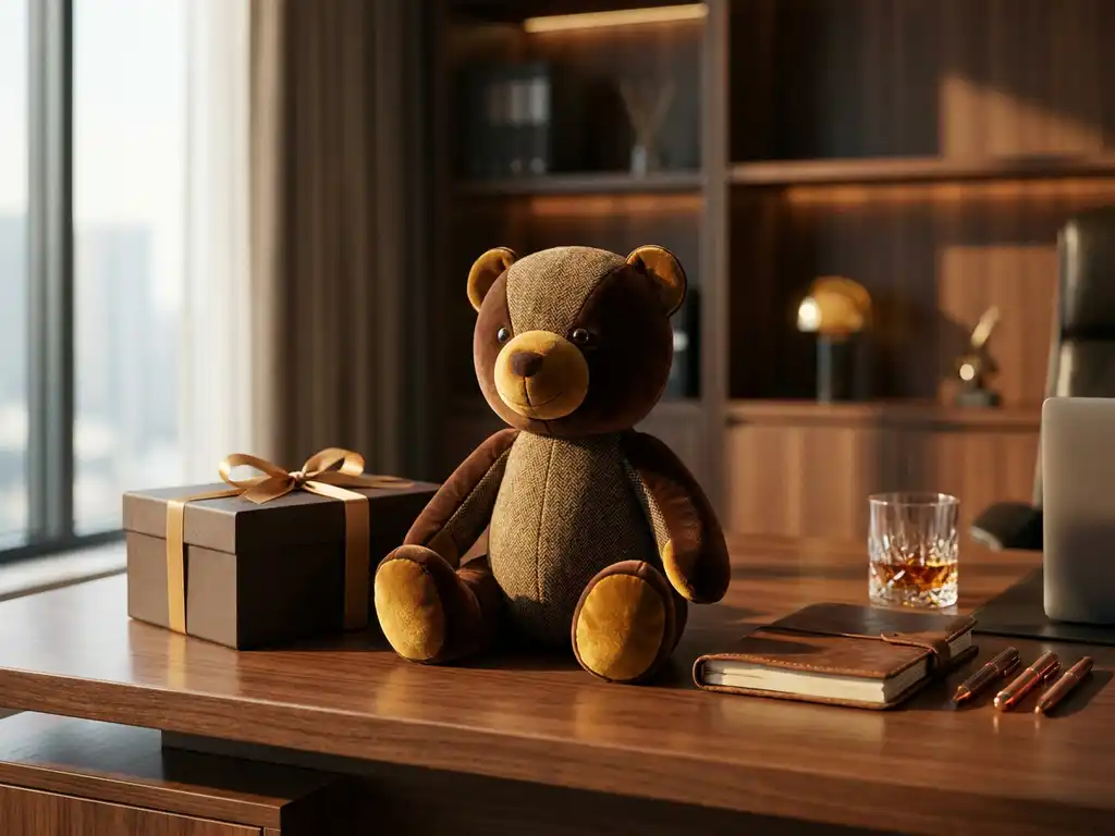 Custom plush bear mascot on mahogany desk beside a ribbon-tied gift box, leather journal, and whiskey-toned accessories in warm golden light.