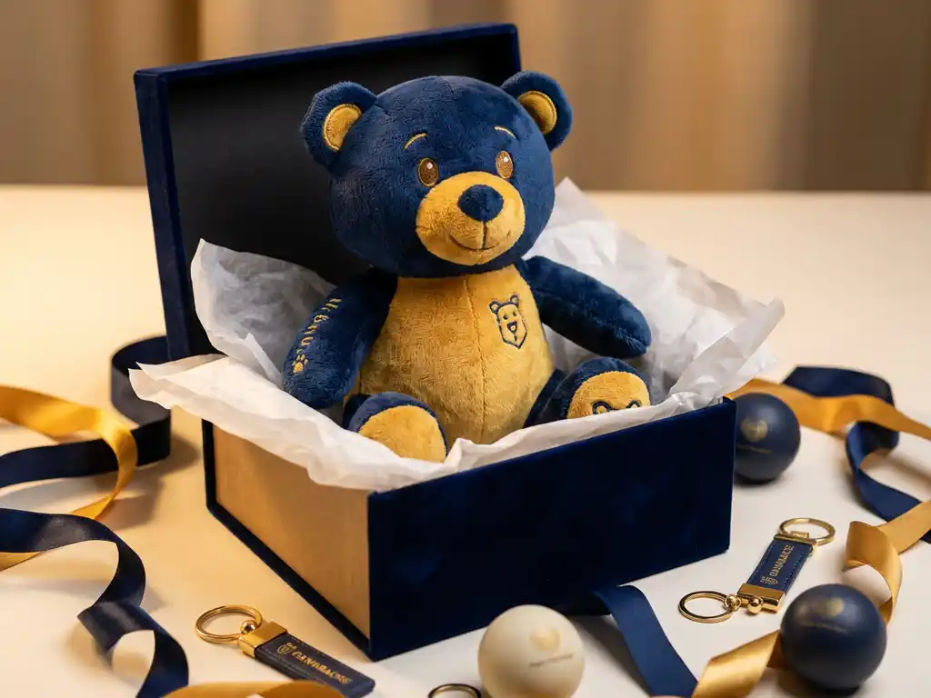 Custom plush bear mascot toy in an open premium gift box with white tissue paper, surrounded by branded keychains and stress balls in navy and gold tones.