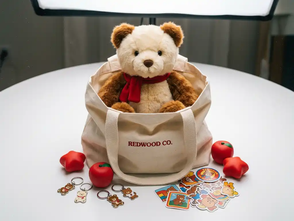 Fluffy brown bear plush mascot sitting in an open branded goodie bag surrounded by keychains, stress balls, and colorful stickers on a white surface.