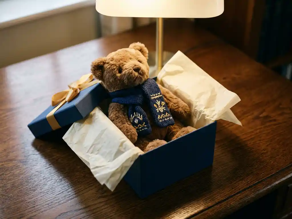 Custom plush bear mascot with branded scarf nestled in an open premium gift box with tissue paper on a dark oak desk.