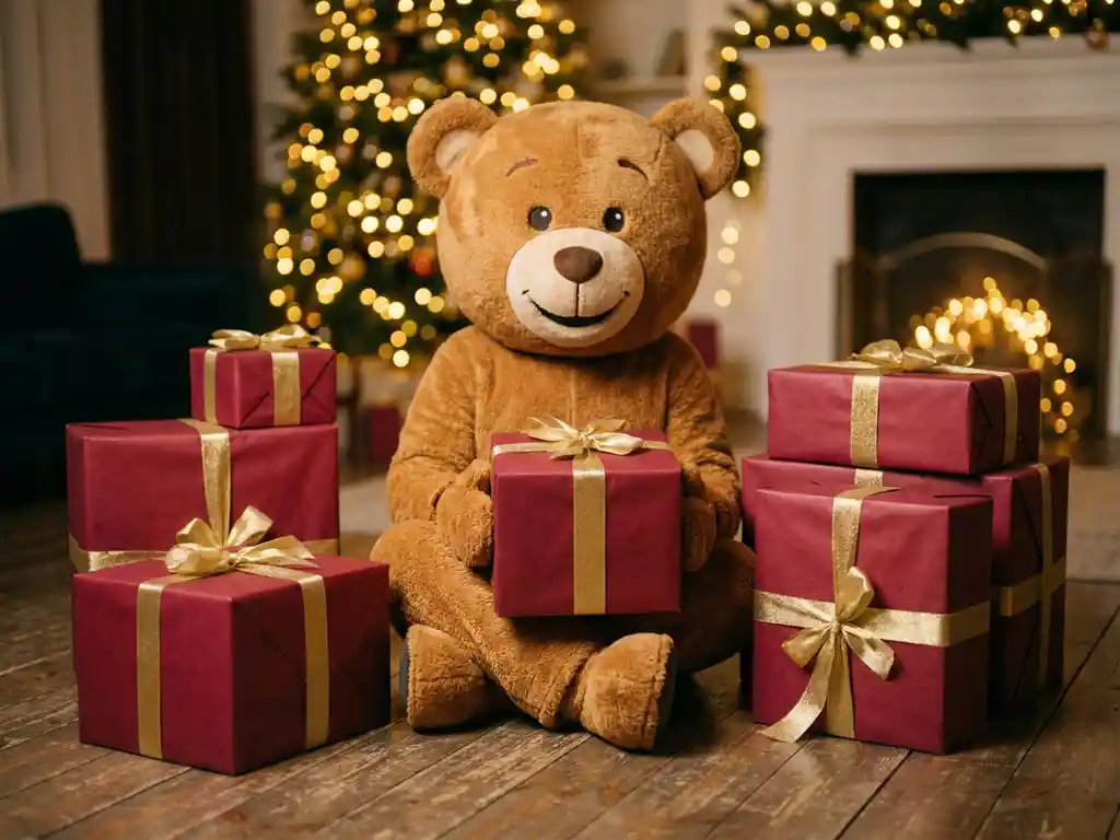 Plush teddy bear mascot costume surrounded by seven red and gold wrapped gift boxes on a wooden floor with warm holiday bokeh lighting.