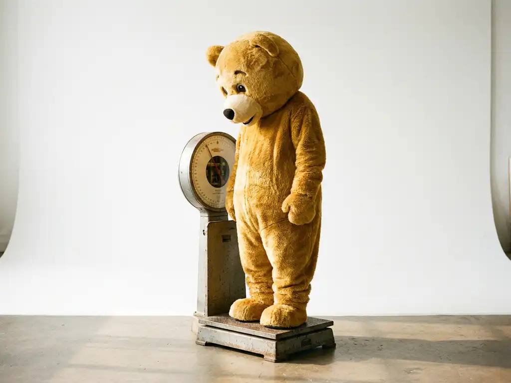 Bear mascot costume standing on an industrial scale with a dramatically tilted dial, photographed against a white studio backdrop.
