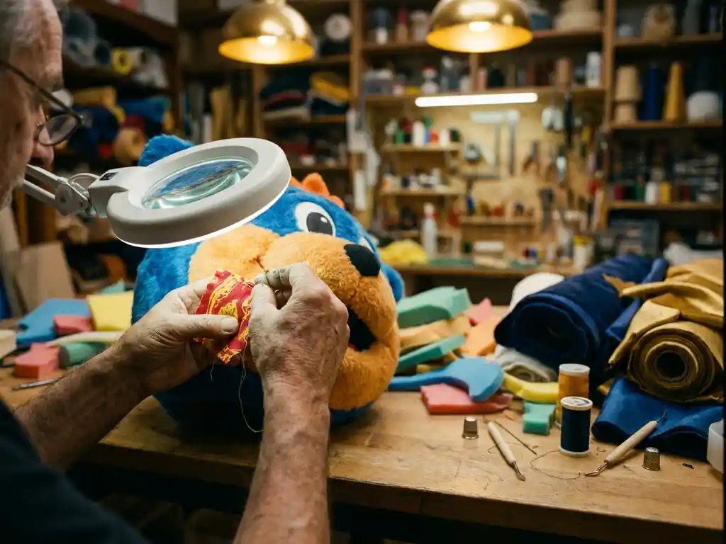 Artisan hands stitching vibrant fabric onto a mascot costume head, with foam pieces, thread spools, and sculpting tools spread across a workshop table.