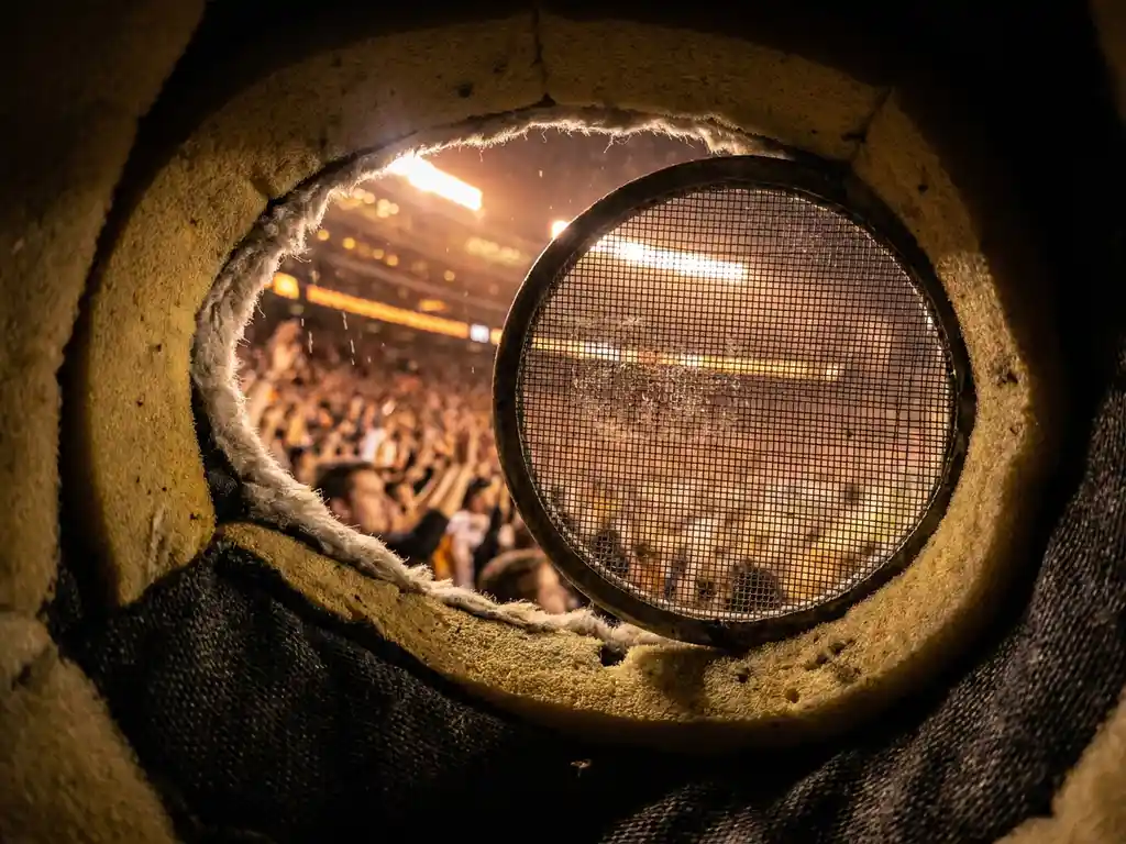 POV through a mascot costume's mesh eye cavity, blurred cheering crowd visible beyond warm amber stadium lighting.