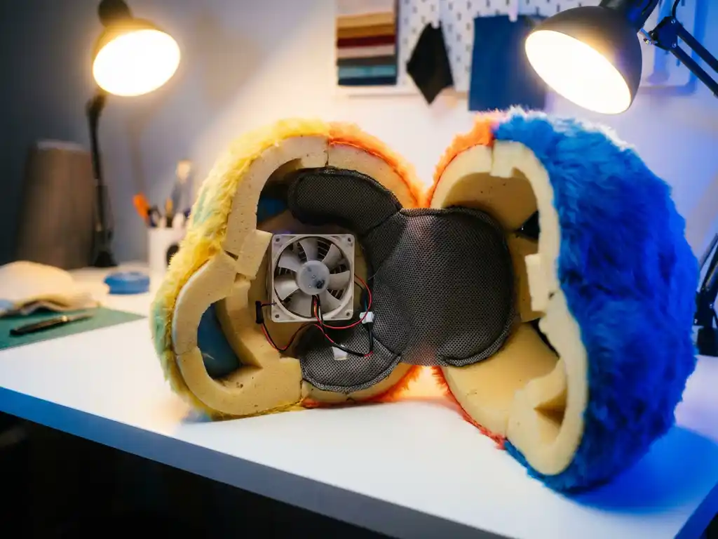 Custom mascot costume head split open on a workshop table, revealing interior ventilation fan, mesh padding, and foam structure.