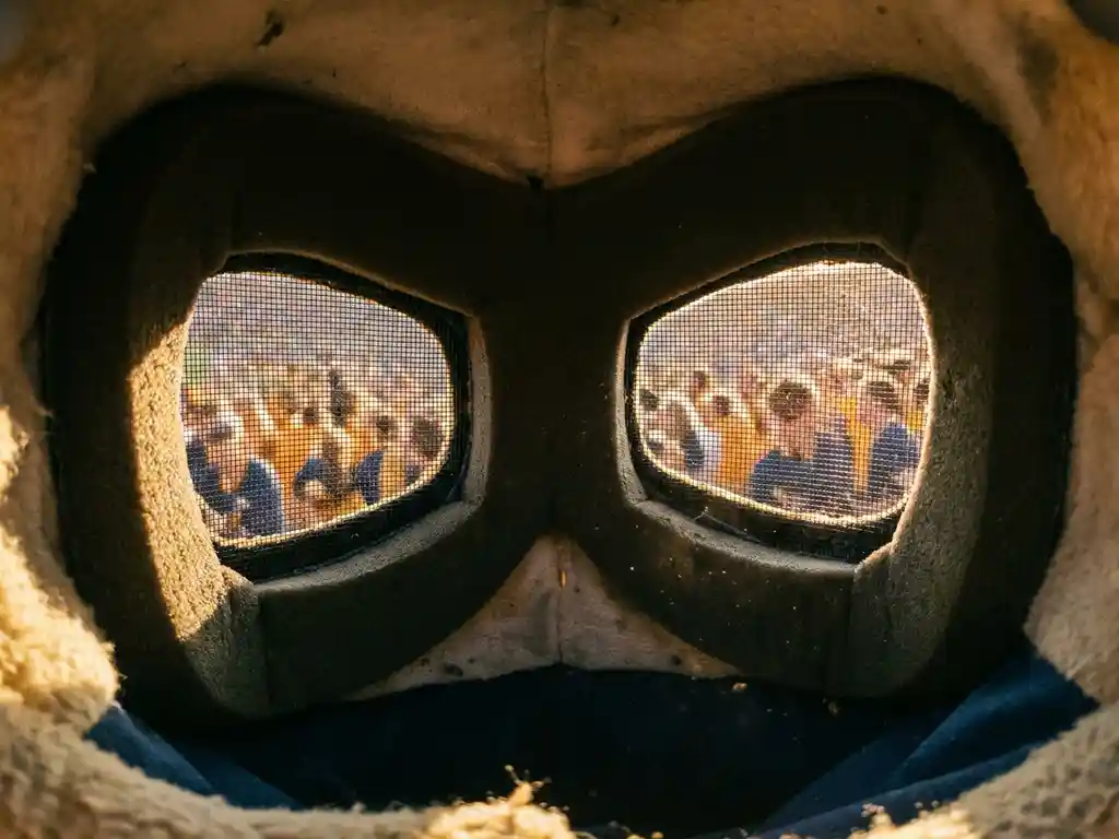 Mascot costume interior view through mesh eye openings, revealing a sunlit stadium crowd of cheering fans in warm amber and navy tones.